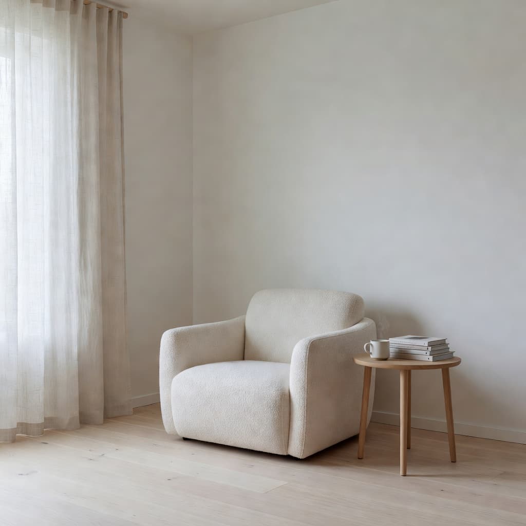 AI で生成した北欧インテリアのリビング例(オーク材の床と白い壁)